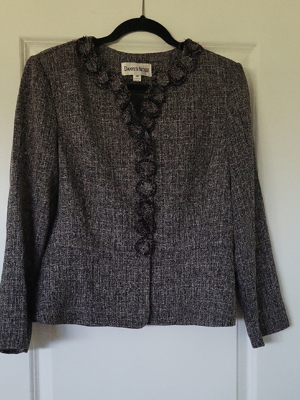 Danny & Nicole Vintage Black and White Tweed Ruffle-Trim Blazer